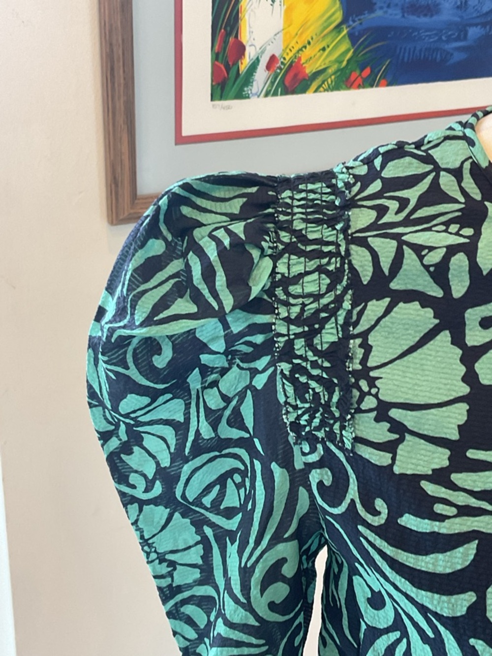 SILK Tanya Taylor Teal and Black Floral Long-Sleeve Dress - Picture 7 of 12